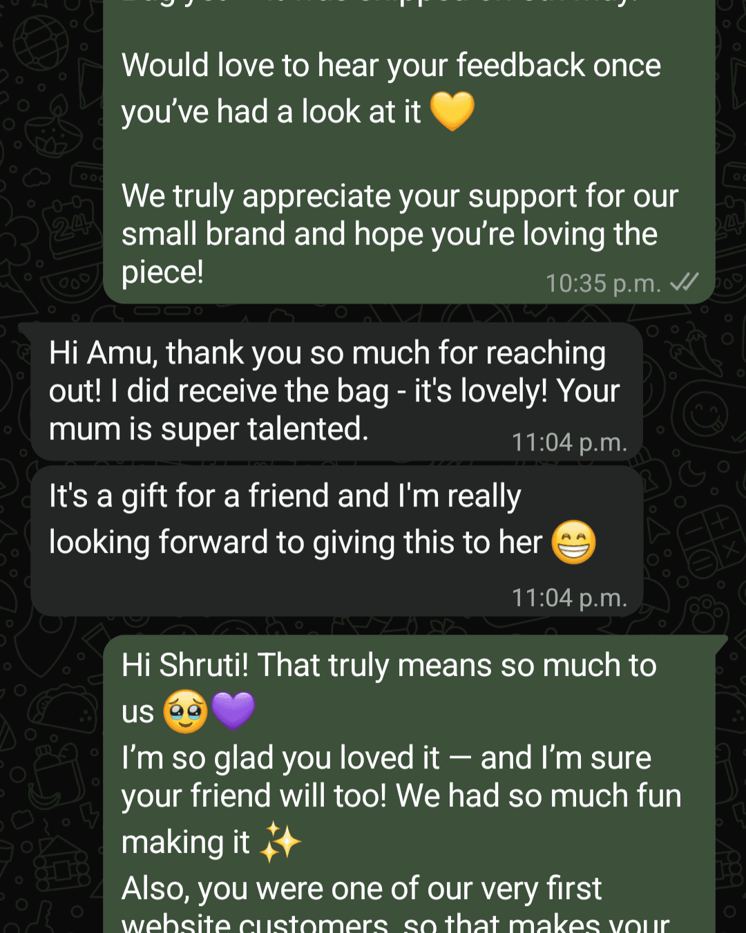 Original customer message praising a Brushup bag purchased as a gift