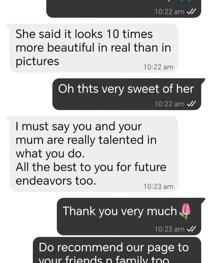 Original customer message saying the Brushup piece looks even more beautiful in person