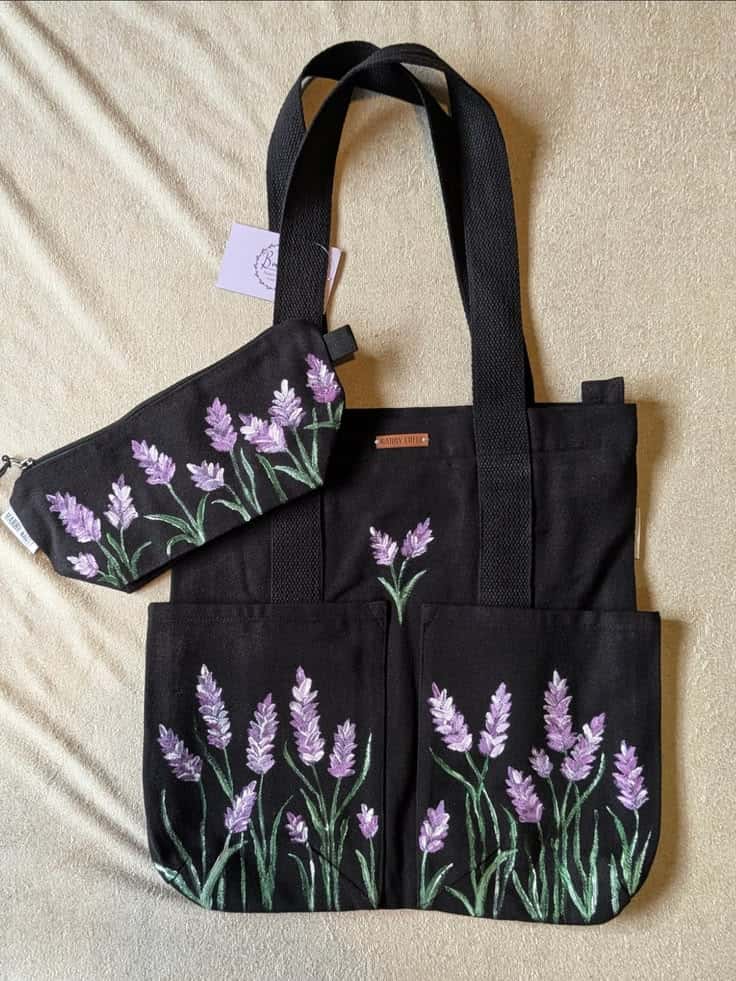 Lavender Hand-Painted Tote Bag + Pouch set — hand-painted artisan piece by Brushup