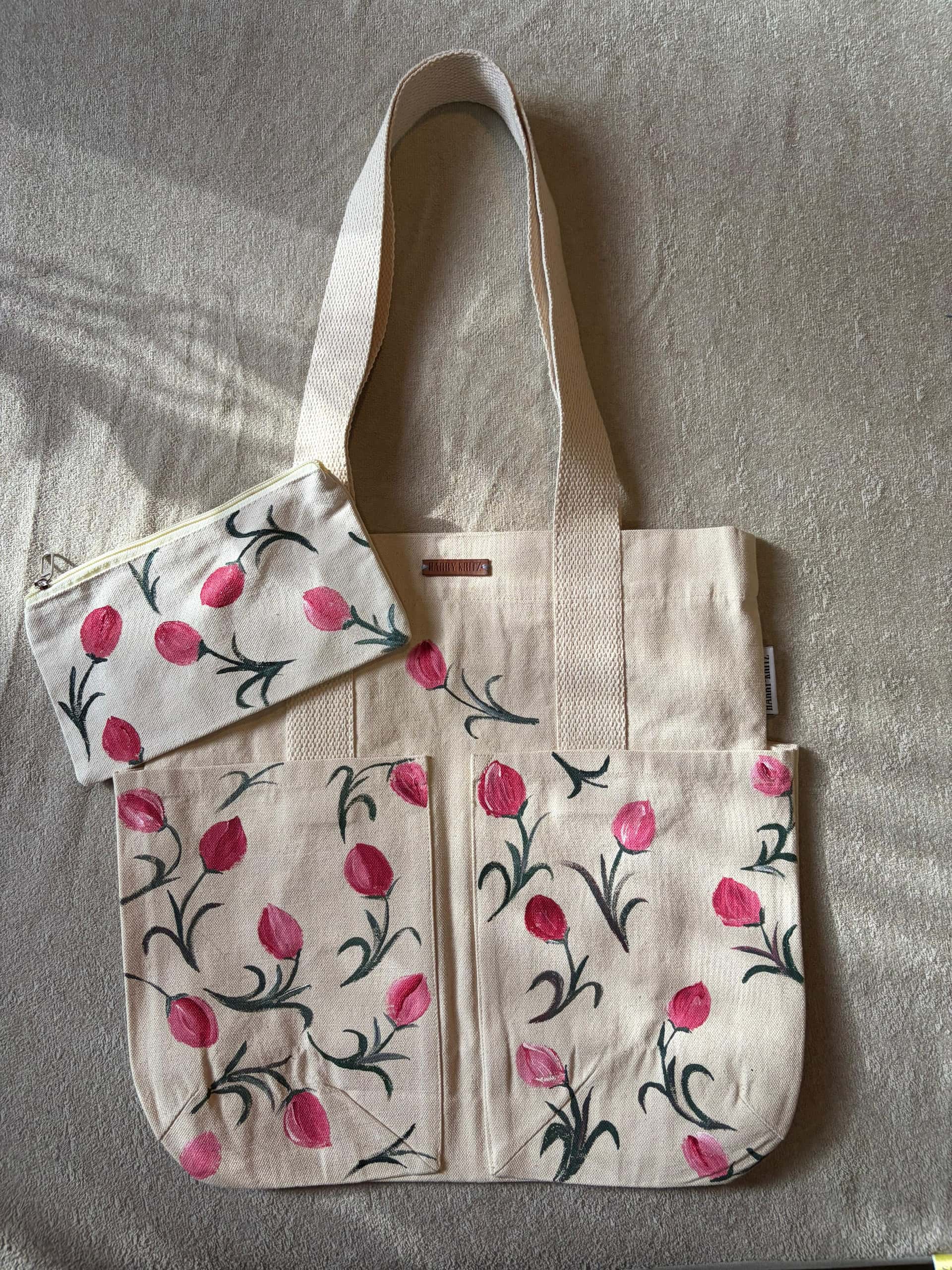 Rosebuds Combo Hand-Painted bag + Pouch — hand-painted artisan piece by Brushup