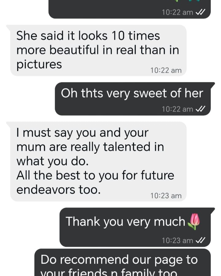 Original customer message saying the Brushup piece looks even more beautiful in person